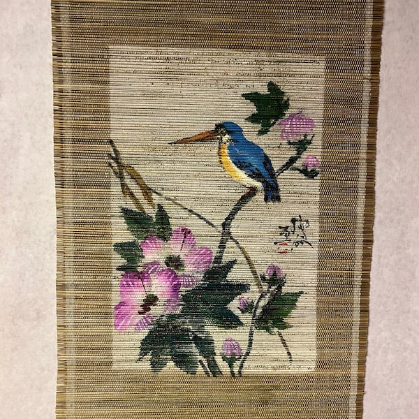 Vintage Floral And Blue Bird Hand Painted Bamboo Wall Hanging Art - Mid Century/1970s/Boho/Cottage Decor/Gift For Her