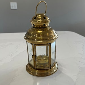 Vintage Brass And Glass Lantern Tea Light Holder/Gold Hanging Lantern/Mid Century Votive Candle Holder Tealight - Wedding/Cottage Decor/Boho