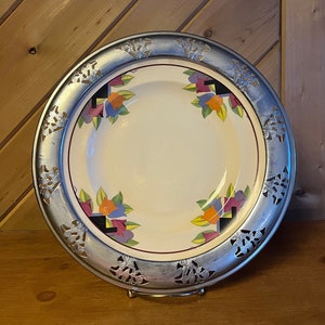 Vintage Art Deco Leigh Potters Tulips Plate With Chrome Rim - Modern Farmhouse/Cottage Decor/Shabby Chic/1930s