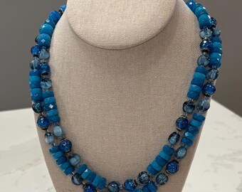 Vintage Double Strand Blue Beaded Necklace - Mid Century/1960s/Retro Beads