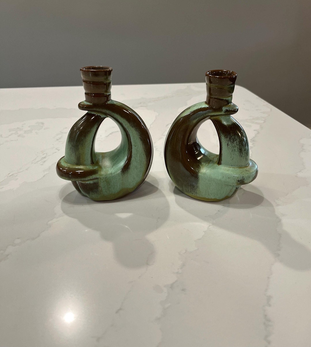 Vintage Frankoma Pottery #305 Prairie Green Candlestick Holders Pair ...