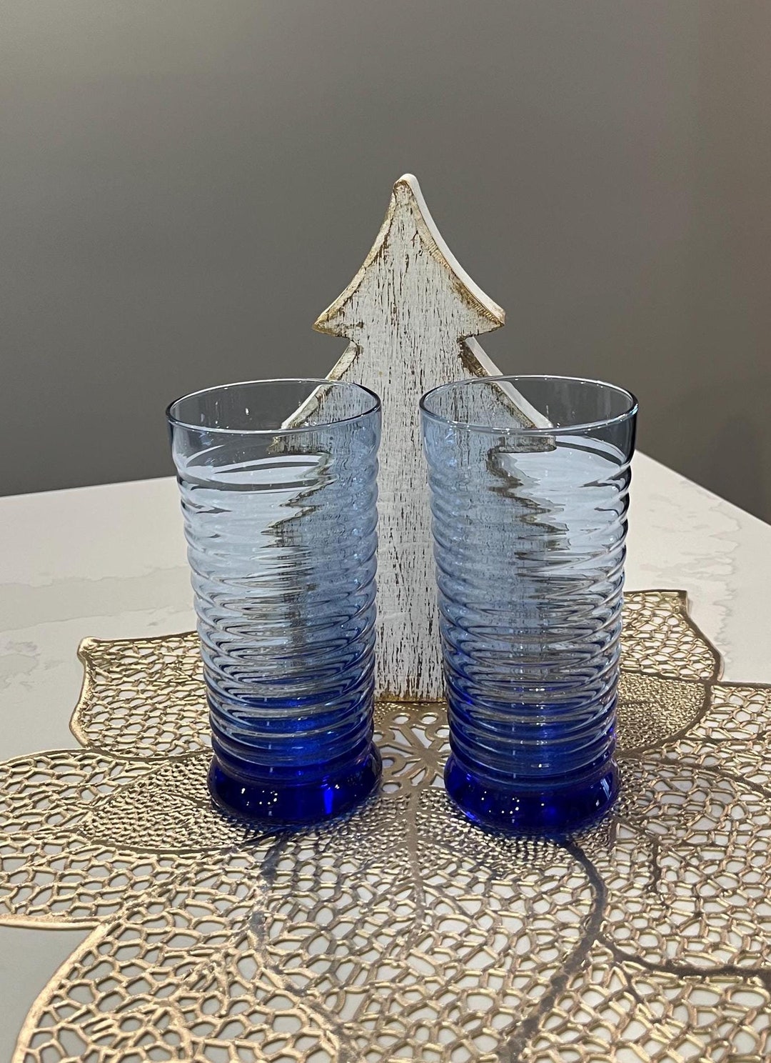 Libbey Ribbed Glassware Vintage Libbey Cobalt Blue Glass Ribbed Ringed Tumblers Pair, Blue ...