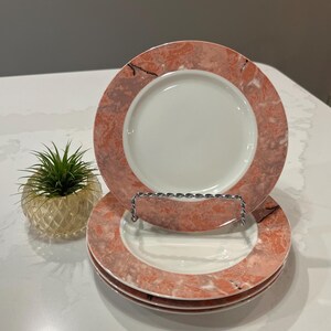 May include: Set of four pink and white ceramic dinner plates with a marbleized design. The plates are stacked on top of each other.