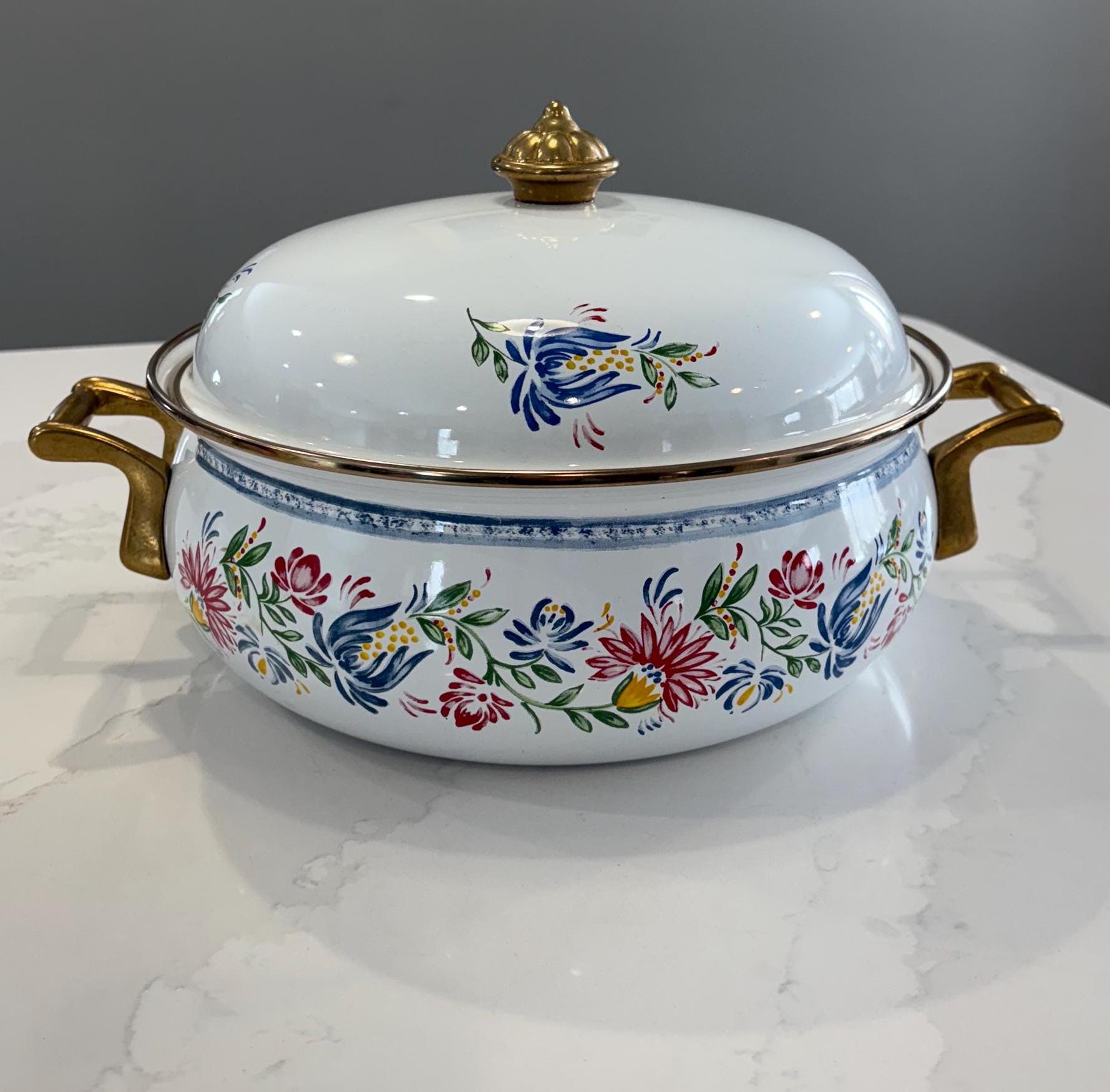 Vintage White And Floral Enamel Dutch Oven Pot With Brass Handles - Modern Farmhouse/Cottage/Cabin/French Country/Shabby Chic