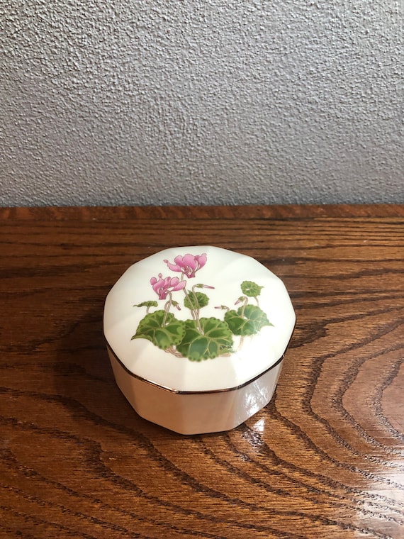 Vintage Otagiri Pink Floral Octagonal Jewelry Box… - image 1