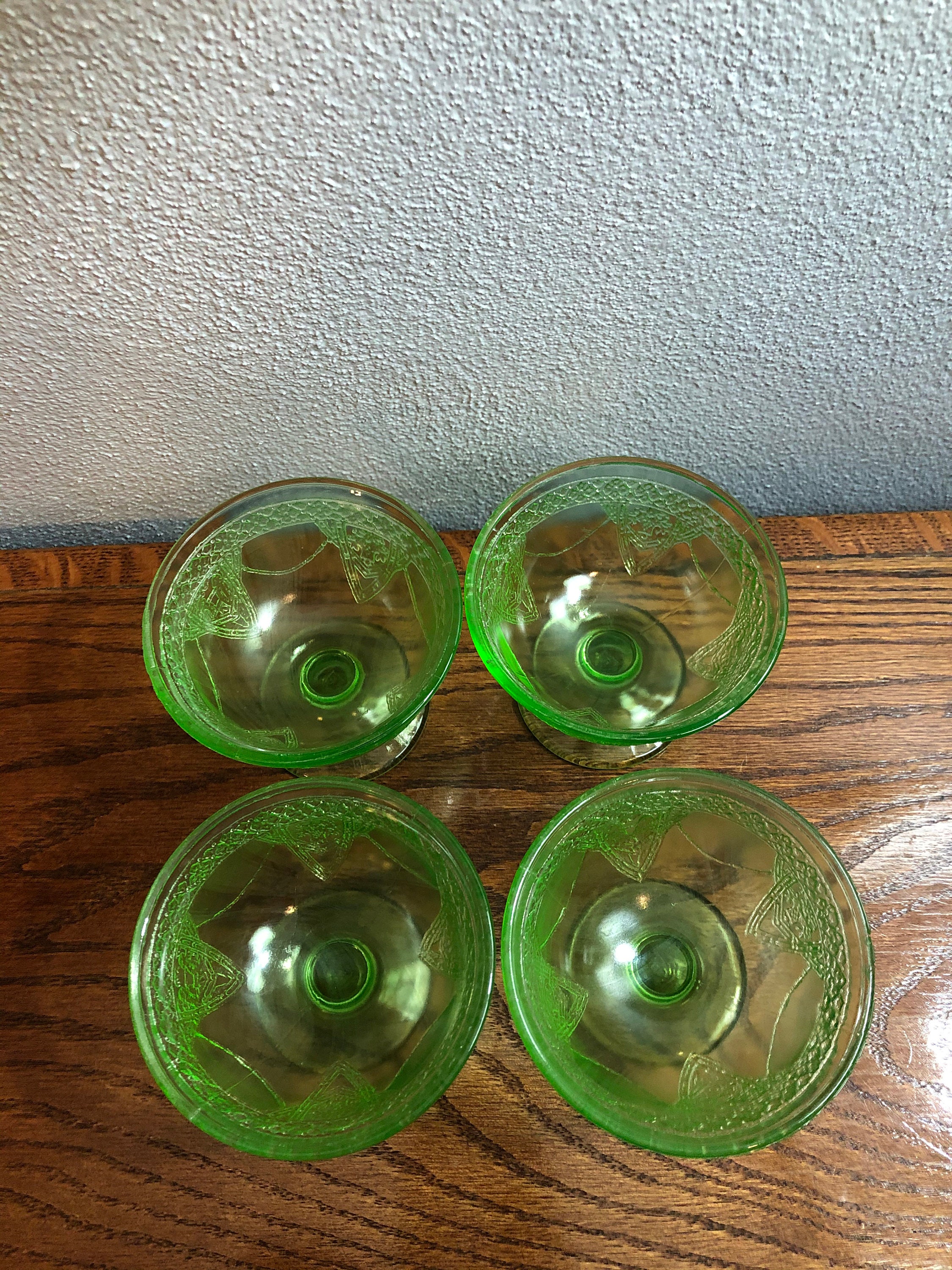 Vintage Green Depression Etched Glass Dessert Cups Federal Etsy