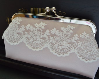 Bridal Clutch Antique Pink Satin and Ivory Lace