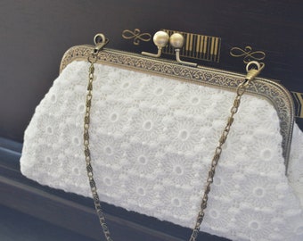 T22a TRAUM* BRAUTTASCHE mit Spitze Perlen Vintage Clutch Tasche Hochzeit NEU 
