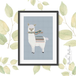 May include: A white llama with a blue, orange, and white patterned scarf and saddle. The llama is standing on a light blue background.