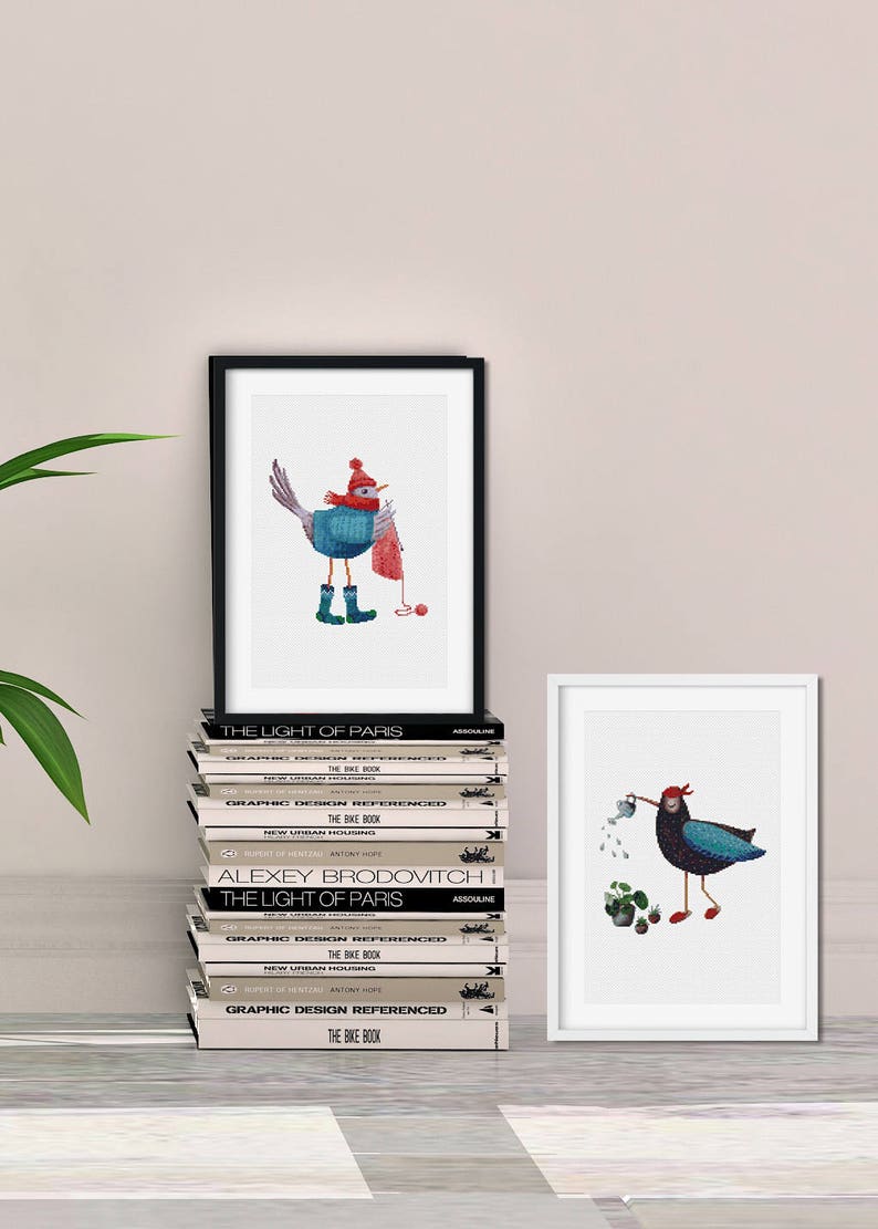 Cross stitch pattern Baby cross stitch pdf pattern Watercolour pattern Country Bird Modern cross stitch. Bird watering flowers