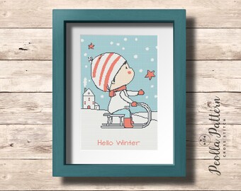 Cross stitch pattern. Hello Winter. Boy. Scandinavian cross stitch. Baby cross stitch pdf pattern. Modern cross stitch pattern. Instant PDF