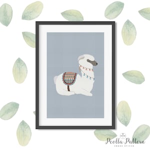 May include: Cross stitch pattern of a white llama with a colorful saddle and tassels. The llama is sitting on a light blue background.