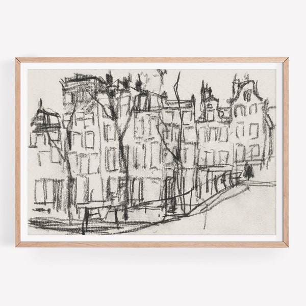 Vintage Architecture Sketch, Amsterdam Line Drawing, Minimalist Wall Art, Digital Printable, Urban Sketch Poster, Instant Download