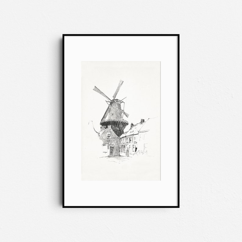 Vintage Windmill Sketch Print, Antique Drawing Art, Farmhouse Wall Art, Digital Printable image 5