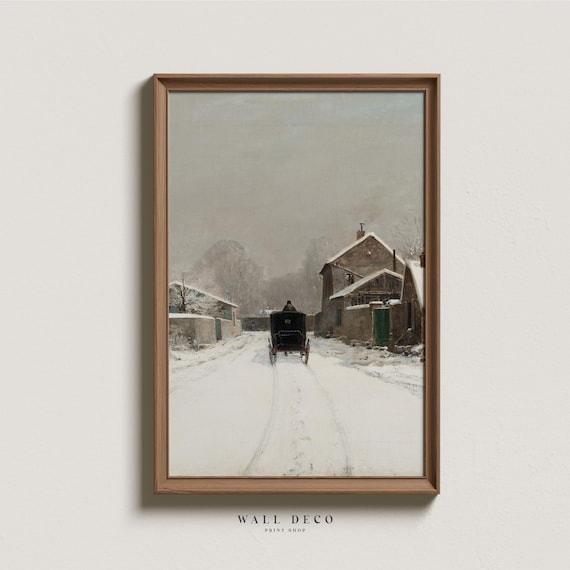 Vintage Winter Carriage Painting: Snowy Landscape Art Print (Digital Download)