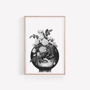 Flower Head Woman Collage Artwork Head Of Flowers Wall Art Surreal Portrait Of Girl with Roses Digital Printable Fashion Wall Decor Art