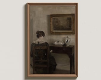 Vintage Woman Reading Oil Painting: Antique Farmhouse Decor (Digital Printable)