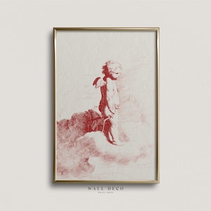 Valentines Day Cupid Art Print, Vintage Cupid Etching Drawing, Valentine Printable Wall Art, Antique Figure Drawing, Valentine Day Poster