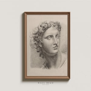 Antique Woman’s Head Drawing, Neutral Vintage Sketch of Woman, Figure Drawing Print, Minimalist Female Wall Art, Digital Printable Download