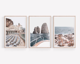 Capri Beach Set mit 3 Drucken, Amalfi-Küsten-Wandkunst, Reiseposter, Italien-Küstenfotografie, digitaler DRUCKBARer Kunstdruck
