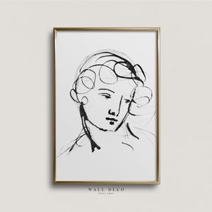 Vintage Woman Portrait Sketch Print, Antique Line Drawing Art, Minimalist Female Drawing, Modern Farmhouse Digital Printable Wall Decor