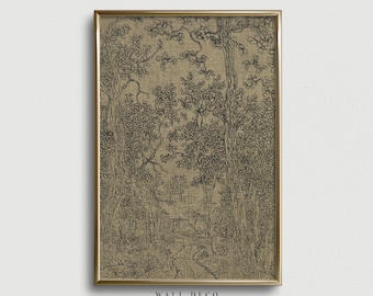 Vintage-Waldskizze als druckbare Wanddekoration, antike Waldhüttenzeichnung (Tuschezeichnung), rustikales Baumposter im Wandteppichstil