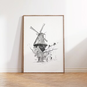 Vintage Windmill Sketch Print, Antique Drawing Art, Farmhouse Wall Art, Digital Printable image 6
