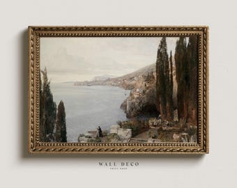 Vintage Italy Coast Oil Painting: Mediterranean Seascape Print (Digital Printable)