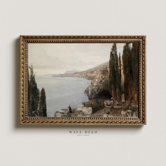 Vintage Italy Coast Oil Painting: Mediterranean Seascape Print (Digital Printable)