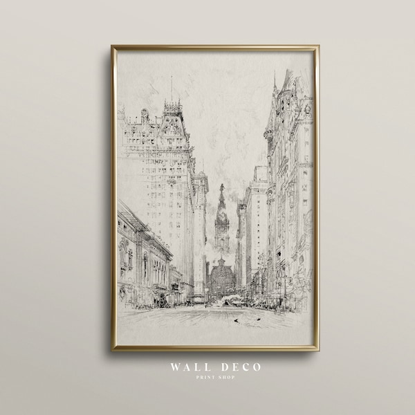 Neutral Cityscape Sketch, Antique Architecture Wall Art, City Drawing Digital PRINTABLE Download, Vintage Architecture Art Print