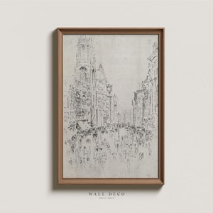 Neutral Cityscape Sketch Art, Antique Architecture Drawing, Modern Farmhouse Digital PRINTABLE Wall Art