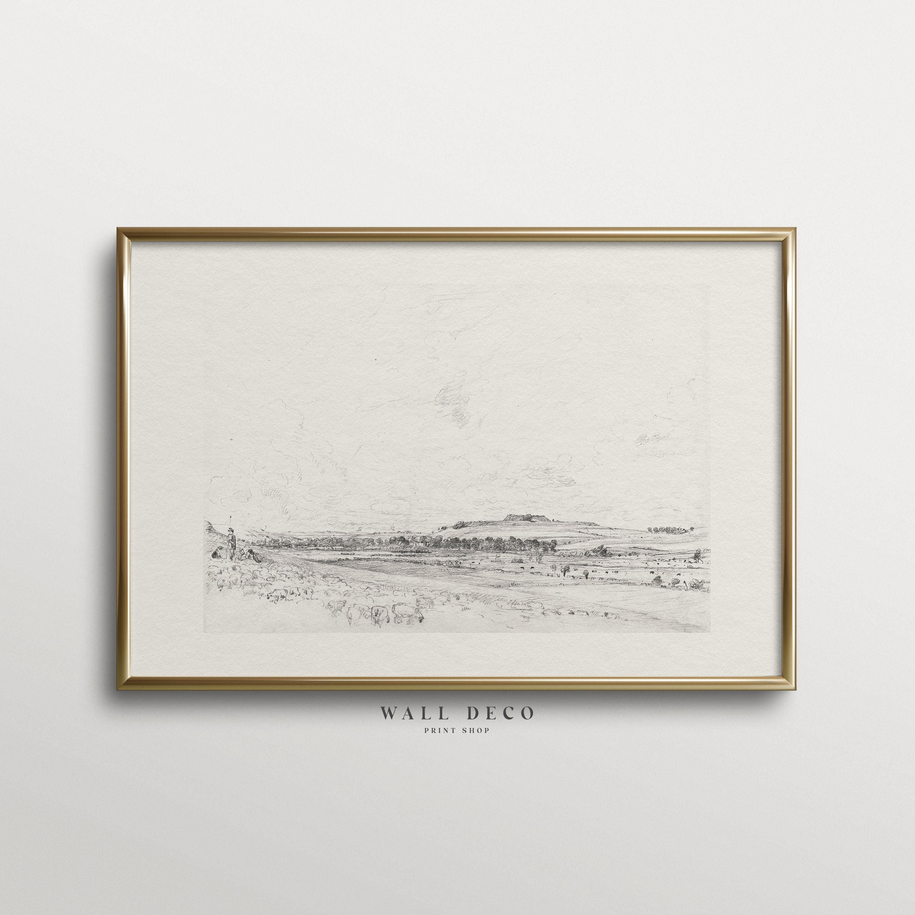 Vintage Pencil Landscape Art Print: Farmhouse Countryside (Digital Printable)