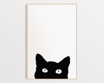Zwarte kat silhouet kunstafdruk: minimalistische kattenposter (digitale download)