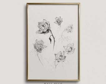 Vintage Roses Sketch Art Print: Neutral Botanical Drawing (Digital Download)