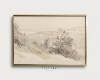Neutrale Landschaftsskizze als druckbare Wandkunst, Antike neutrale Landhauszeichnung zum digitalen Download, Minimalistische Talskizze als Druck