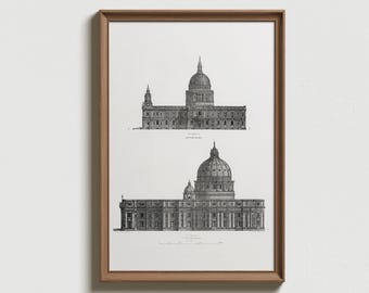 Peut inclure: Impression encadrée présentant deux dessins architecturaux détaillés en noir et blanc de bâtiments à dôme, probablement des églises ou des cathédrales. Les illustrations sont sur fond blanc, avec le texte "WALL DECO PRINT SHOP" en bas. Le cadre est marron.
