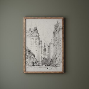 May include: A black and white sketch of a city street with tall buildings on either side. The buildings are drawn in a realistic style, with details such as windows and doors. The street is empty, except for a few people walking in the distance.