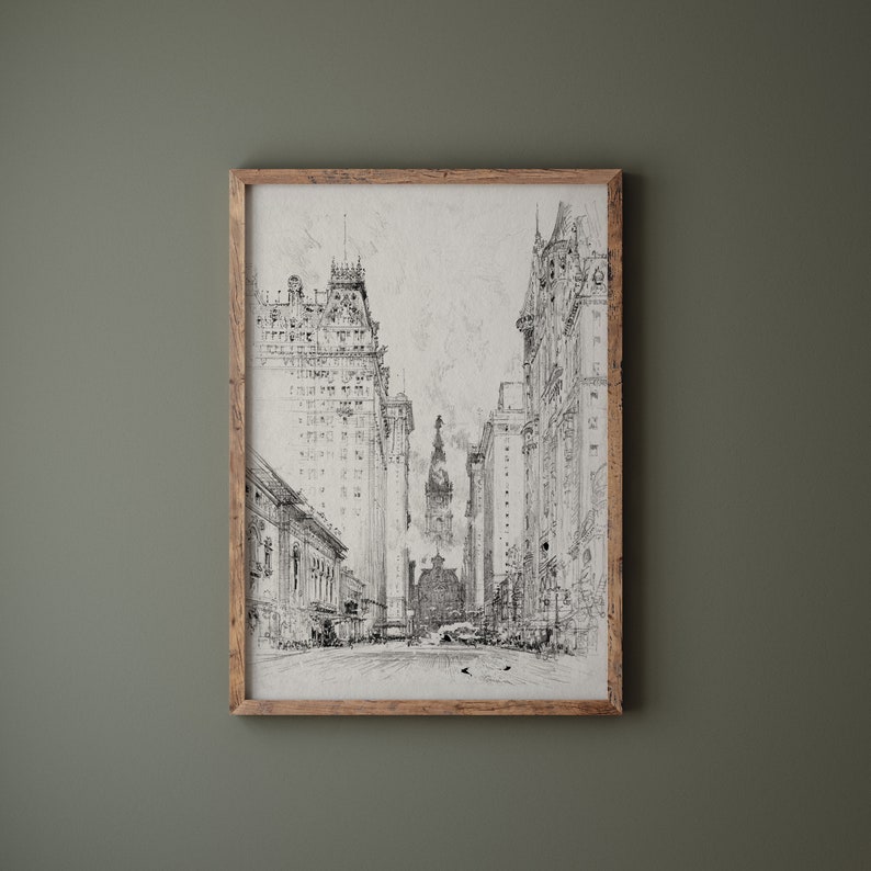 May include: A black and white sketch of a city street with tall buildings on either side. The buildings are drawn in a realistic style, with details such as windows and doors. The street is empty, except for a few people walking in the distance.