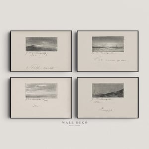 May include: Set of four black framed prints featuring vintage landscape drawings. Each print depicts a different scene with a handwritten title and date. The prints are ideal for adding a touch of vintage charm to any room.