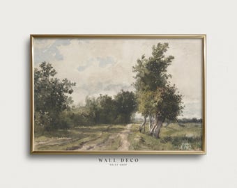 Aquarellgemälde einer grünen Landlandschaft: Vintage-Kunstdruck im rustikalen Landhausstil (Digitaler Download)