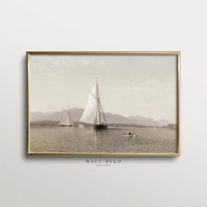 Vintage Sailing Boats Art Print, Muted Seascape Painting, Antique Lake House Wall Decor, Soft Neutral Coastal Aesthetic Digital Printable