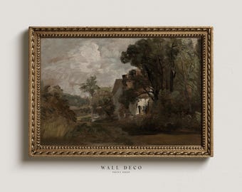 Vintage cottage landschap olieverfschilderij Art Print (digitale download)