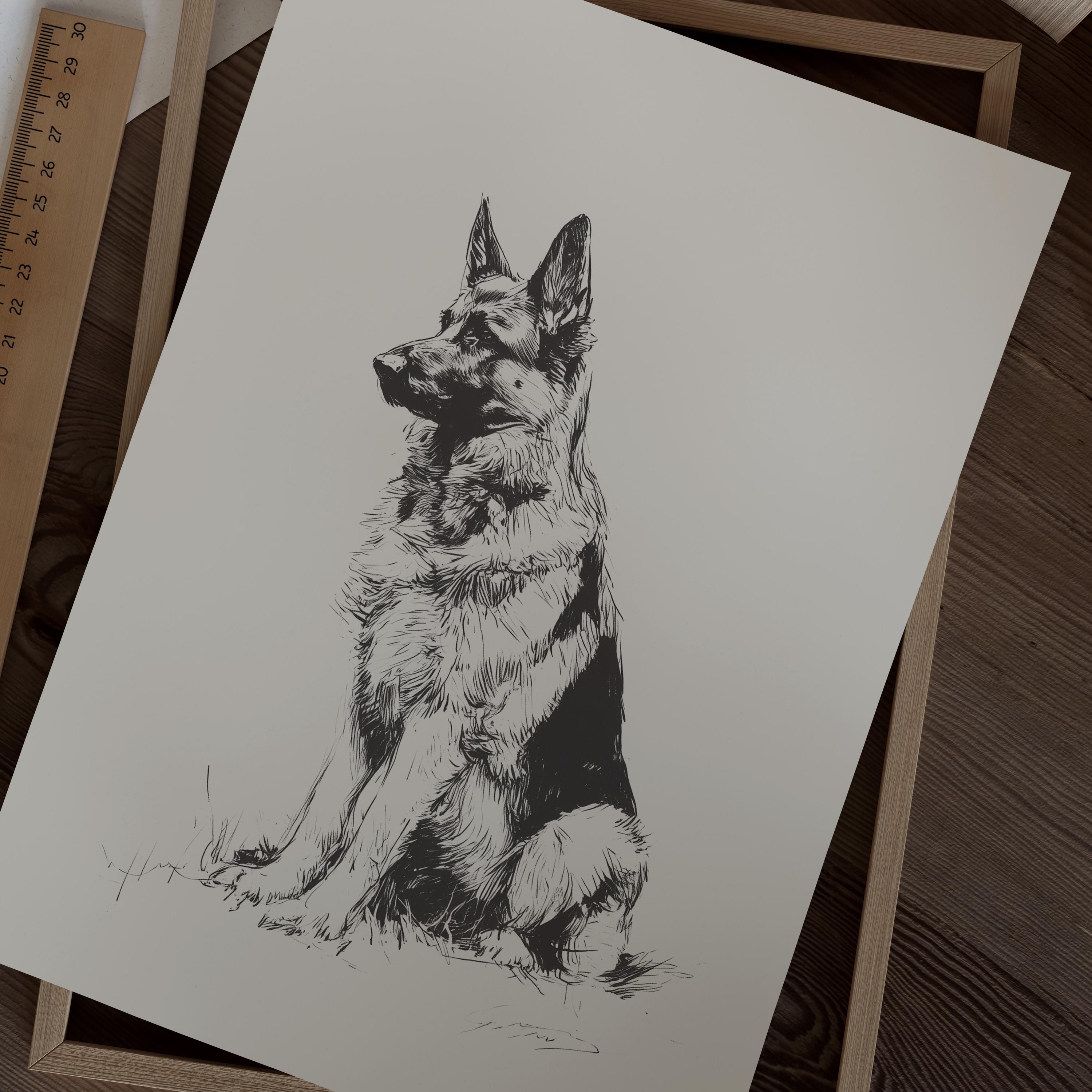 ジャーマンシェパードのイラストプリント、ヴィンテージスタイルの犬の