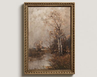 Vintage Fall Landscape Painting: Rustic Autumn Farmhouse Art (Digital Download)