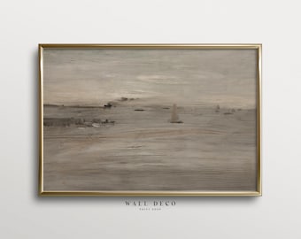 Vintage Muted Seascape Print: Neutral Sailboat, Minimalist Ocean Waves (Digital Download)