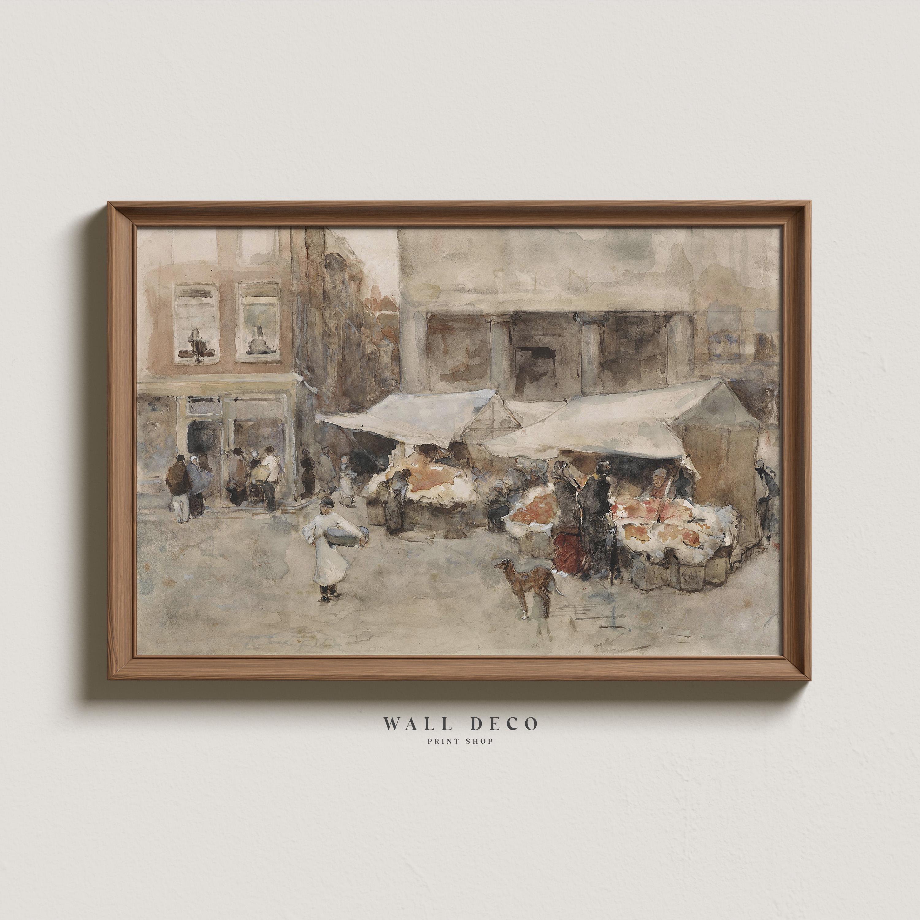 ヴィンテージマーケットデーの水彩画プリント：素朴なヨーロッパの