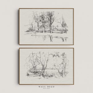 Vintage Tree Sketch Prints: Neutral Farmhouse Scenery Set (Digital Download)