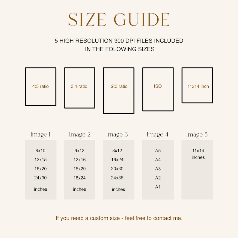 May include: A beige size guide graphic with the text "SIZE GUIDE" at the top. It lists five high-resolution file sizes, including 20x25 cm, 30x38 cm, 40x50 cm, and 61x76 cm. It also includes the text "If you need a custom size - feel free to contact me."