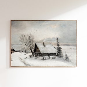 Op de afbeelding: Een schilderij van een klein houten huisje met een met sneeuw bedekt dak in een winterlandschap. Het huisje heeft een schoorsteen waar rook uit komt. Op de voorgrond zijn bomen en een hek te zien, en op de achtergrond een besneeuwd veld.