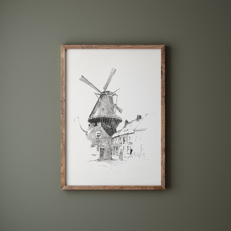 Vintage Windmill Sketch Print, Antique Drawing Art, Farmhouse Wall Art, Digital Printable image 2